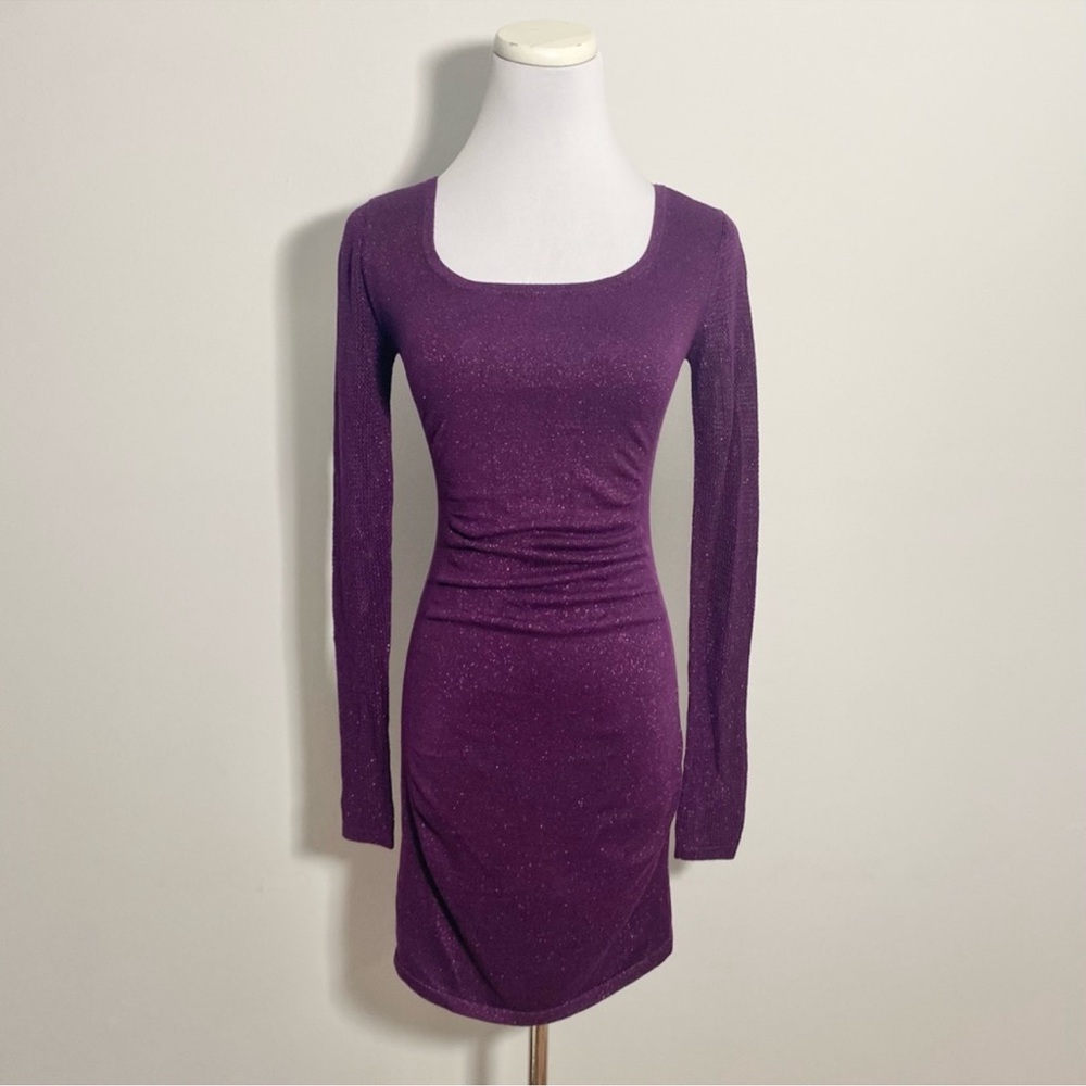 EXPRESS Purple Metallic Shimmered Knitted Long Sleeves Ruched Bodycon Mini Dress